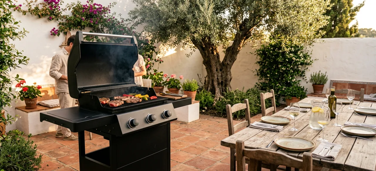 Una barbacoa de gas negra con la tapa abierta asando carne y verduras en un patio andaluz con un olivo, junto a una mesa de madera puesta para comer