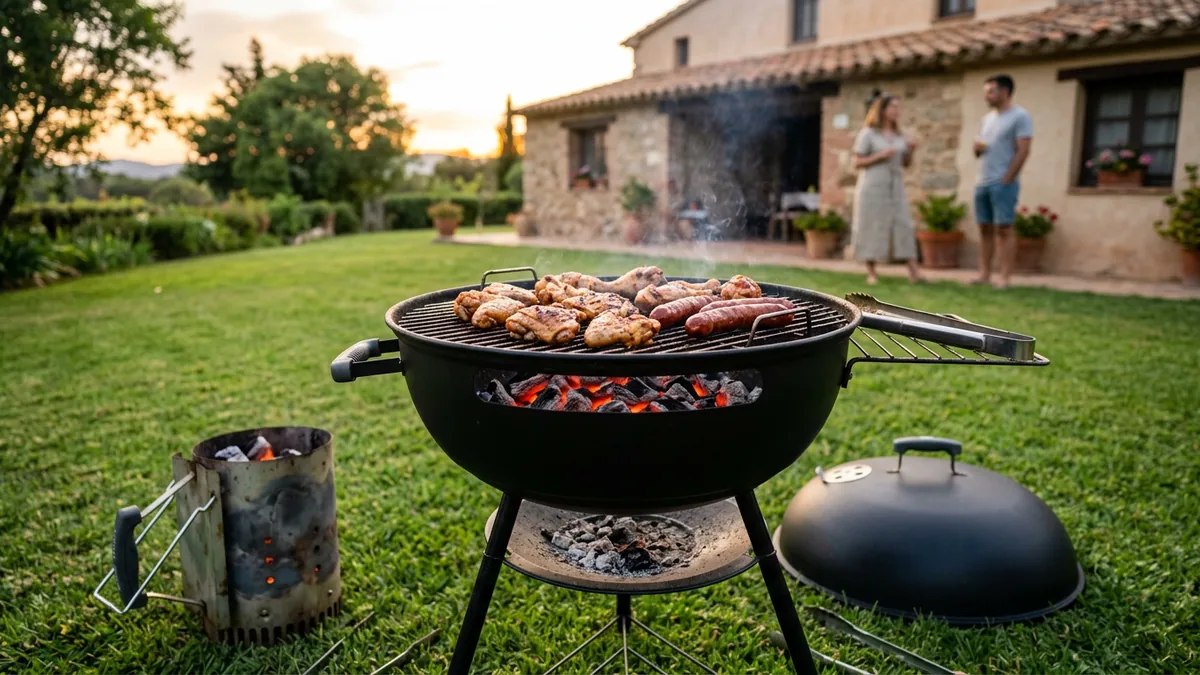 Una barbacoa de carbón redonda con las brasas encendidas, pollo y chorizo en la parrilla y la tapa apoyada en el césped junto a una casa de campo