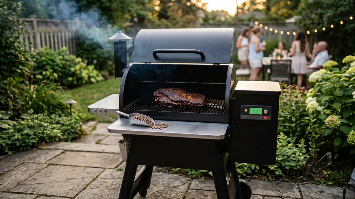 Una barbacoa de pellets con su depósito lateral ahumando una pieza de carne en un jardín, con un cazo de pellets sobre la repisa