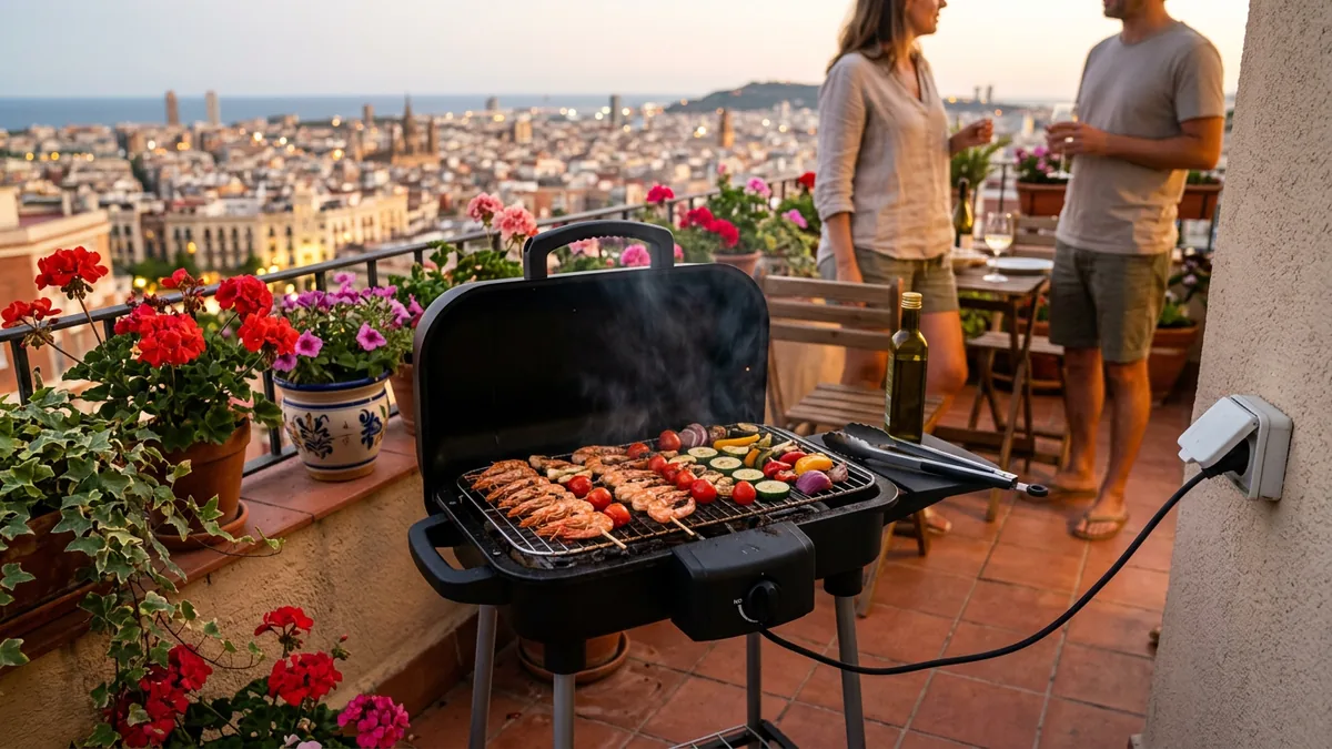 Una barbacoa eléctrica de exterior enchufada en la terraza de un piso, asando gambas y verduras entre geranios con la ciudad al fondo