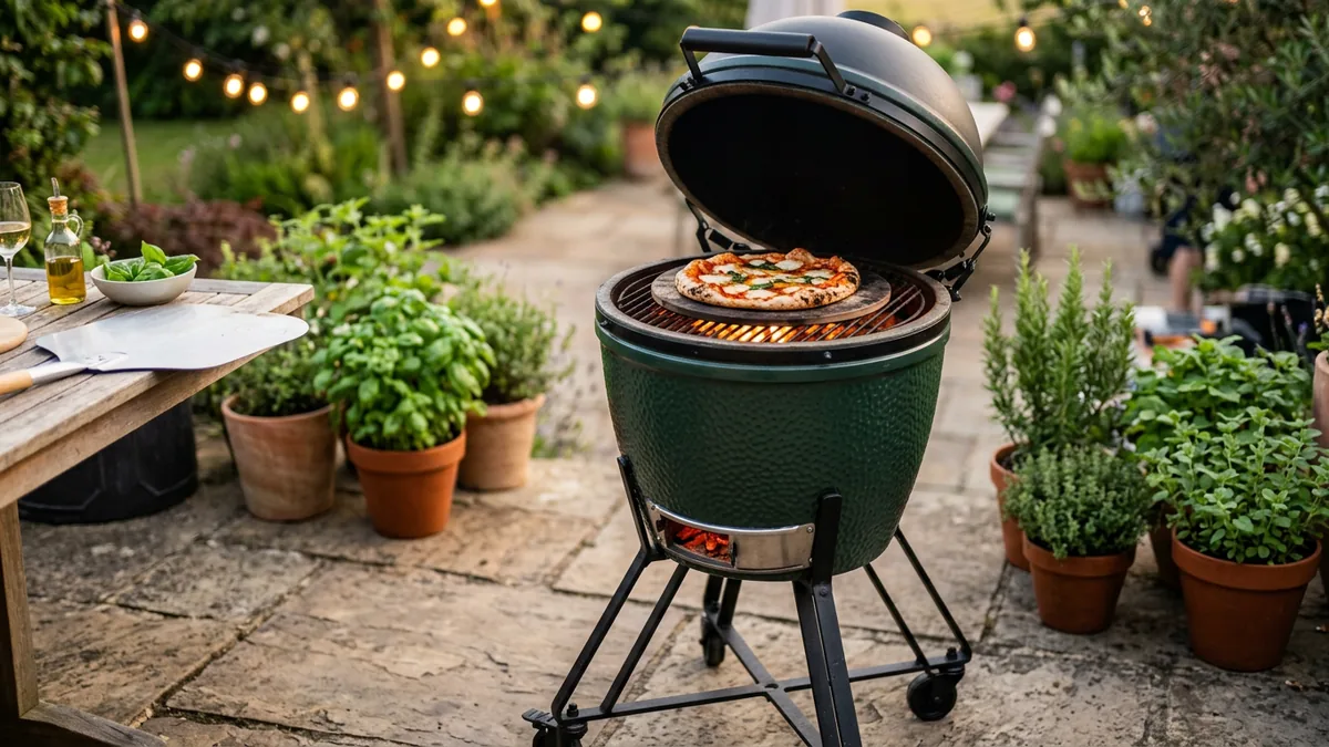 Un kamado de cerámica verde con la tapa abierta cocinando una pizza sobre piedra en un patio con macetas de hierbas aromáticas