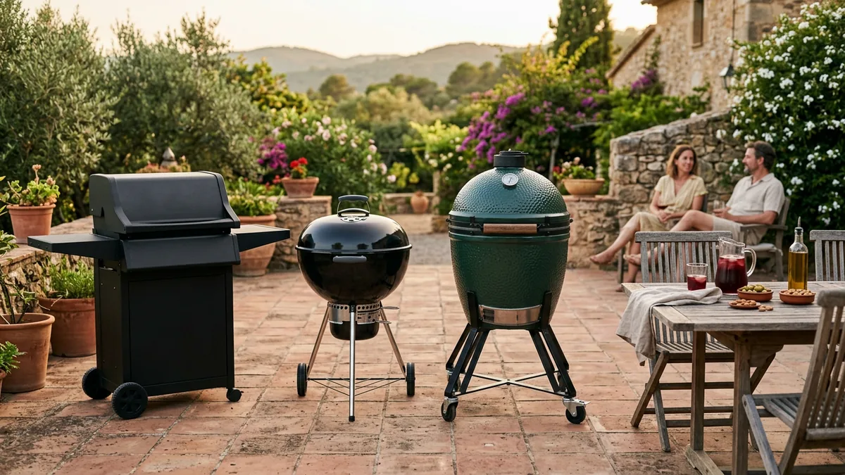 Una barbacoa de gas, una de carbón redonda y un kamado de cerámica verde uno junto a otro en la terraza de una casa de campo