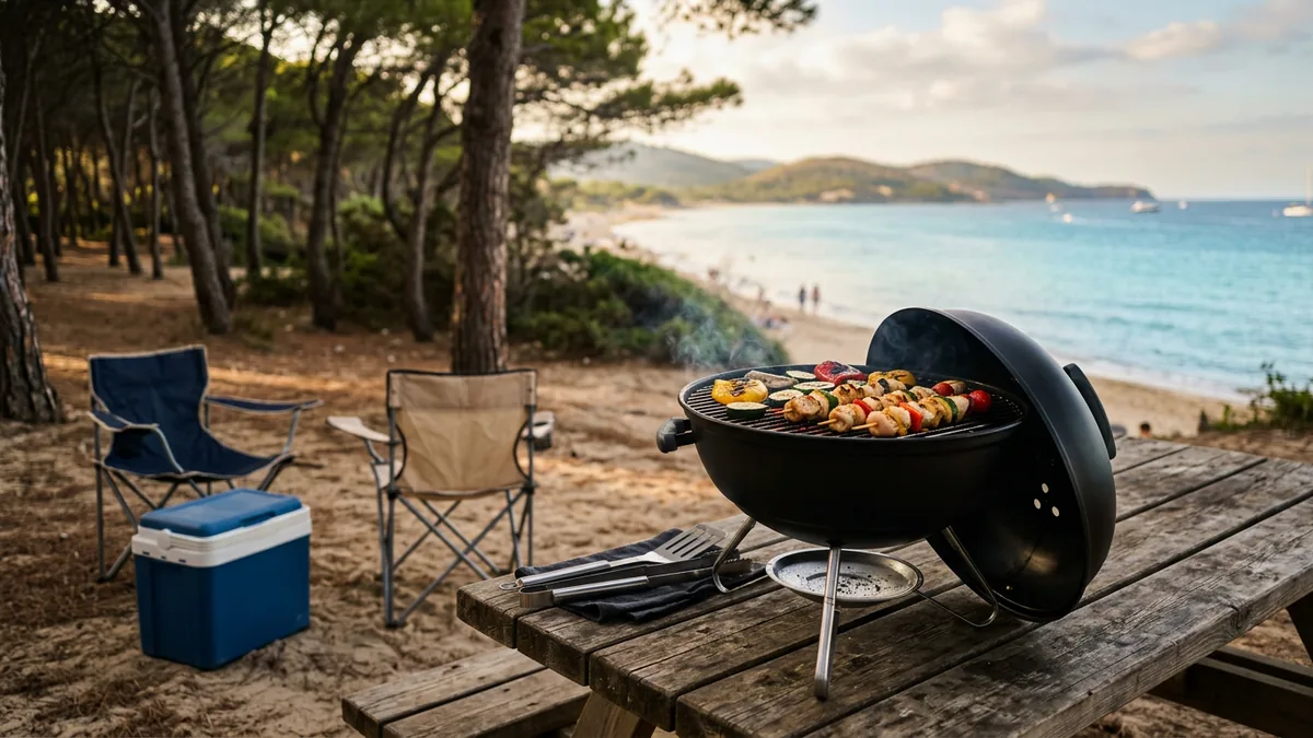 Una barbacoa portátil de carbón con la tapa abierta sobre una mesa de merendero entre pinos, junto a una nevera y sillas plegables, con el mar al fondo